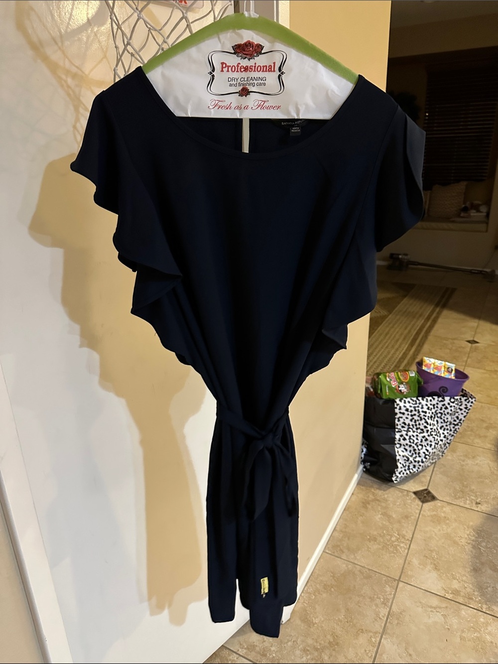 Banana Republic Navy Ruffle-Sleeve Tie-Waist Midi Dress
